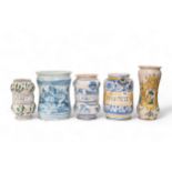 FIVE FAIENCE DRUG JARS 17th/18th century and later, one dated '1788' tallest is 24cms high
