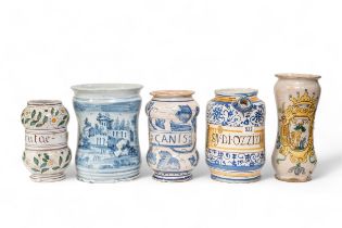 FIVE FAIENCE DRUG JARS 17th/18th century and later, one dated '1788' tallest is 24cms high