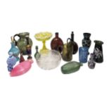 A MIXED GROUP OF VINTAGE COLOURED GLASS WARES, the lot includes a pearline glass tazza, an