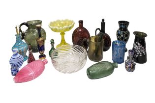 A MIXED GROUP OF VINTAGE COLOURED GLASS WARES, the lot includes a pearline glass tazza, an