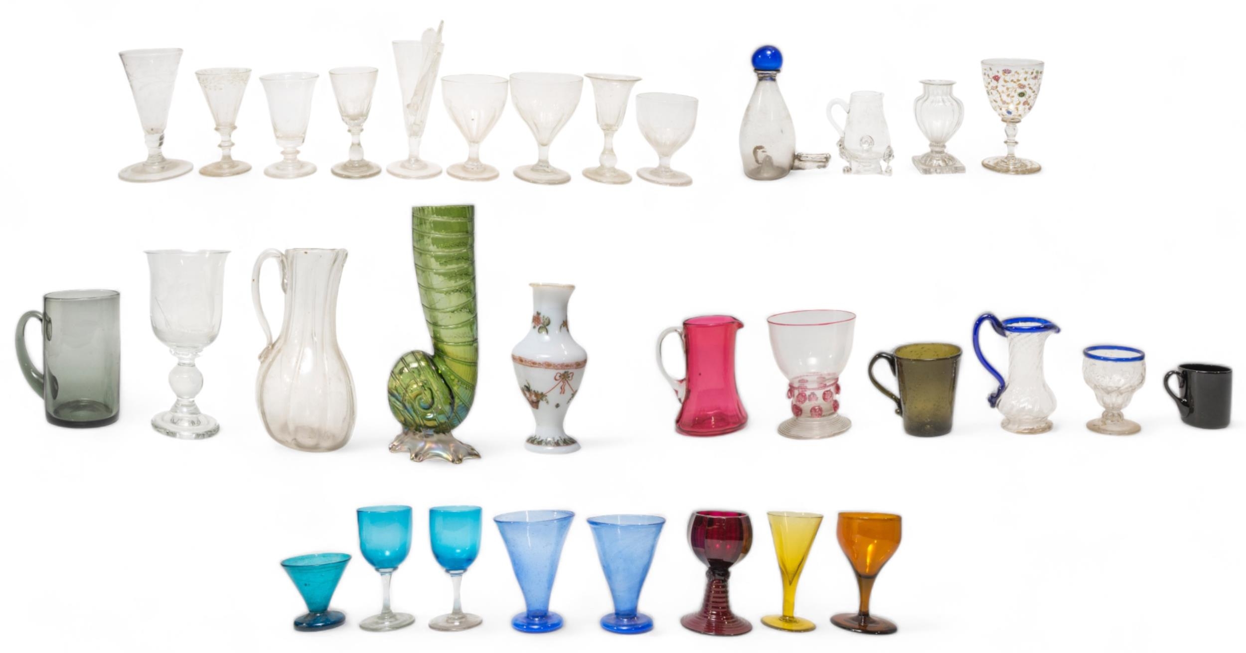 A MIXED GROUP OF GLASS WARE, PREDOMINANTLY 18TH/19TH CENTURY, the lot includes a conch form vase,