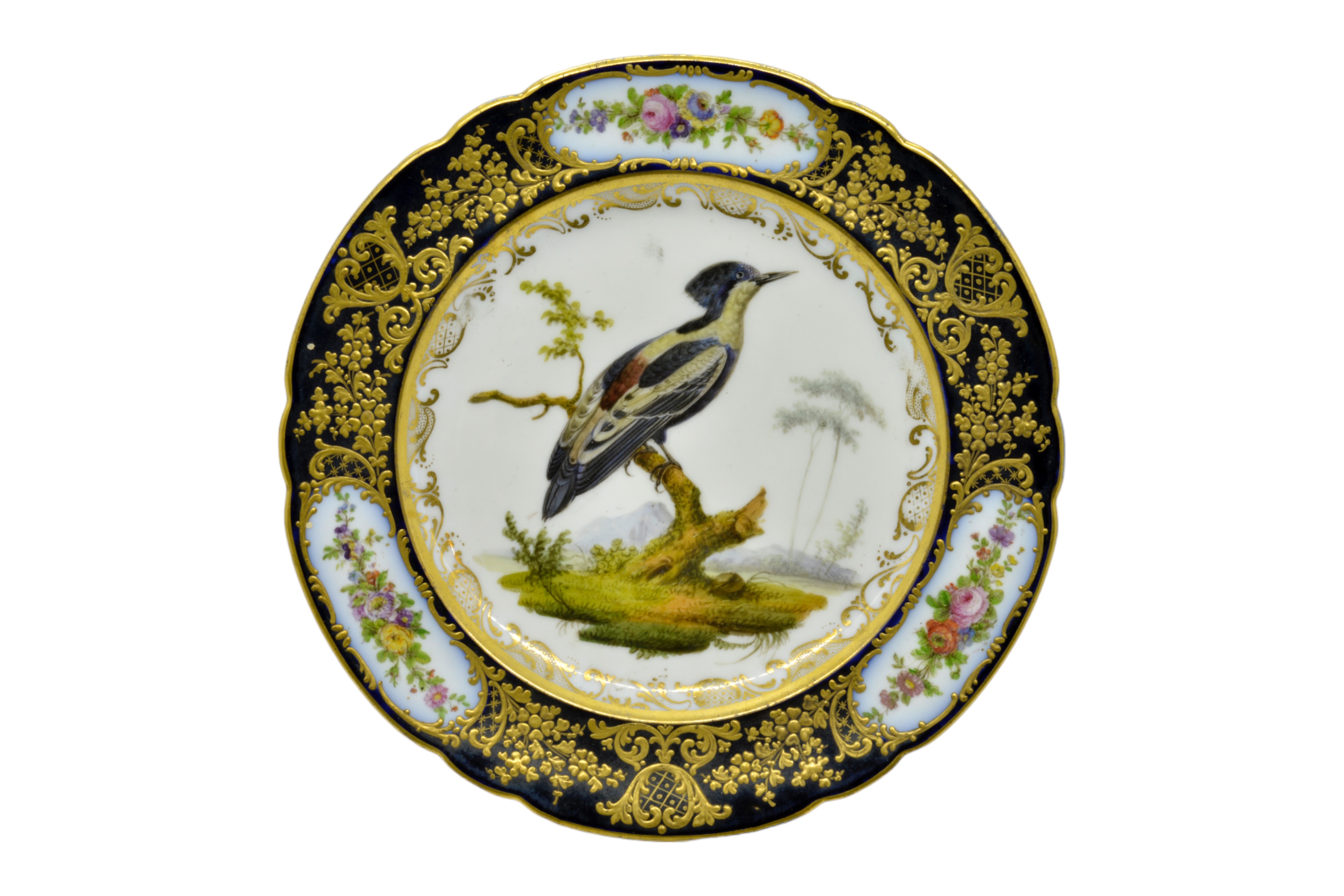 A CHAMBERLAIN WORCESTER CABINET PLATE Early 19th century painted with a peacock, a pair of Paris - Image 8 of 8