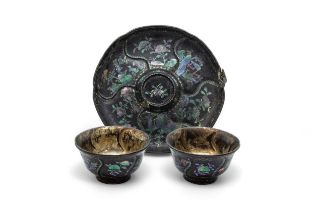 A CHINESE LAC BURGUETTE CUP AND STAND KANGXI PERIOD (1662-1722) together with ANOTHER MATCHING