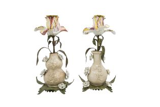 A DECORATIVE PAIR OF CERAMIC AND TOLE CANDLESTICKS 20th century, 25cms high