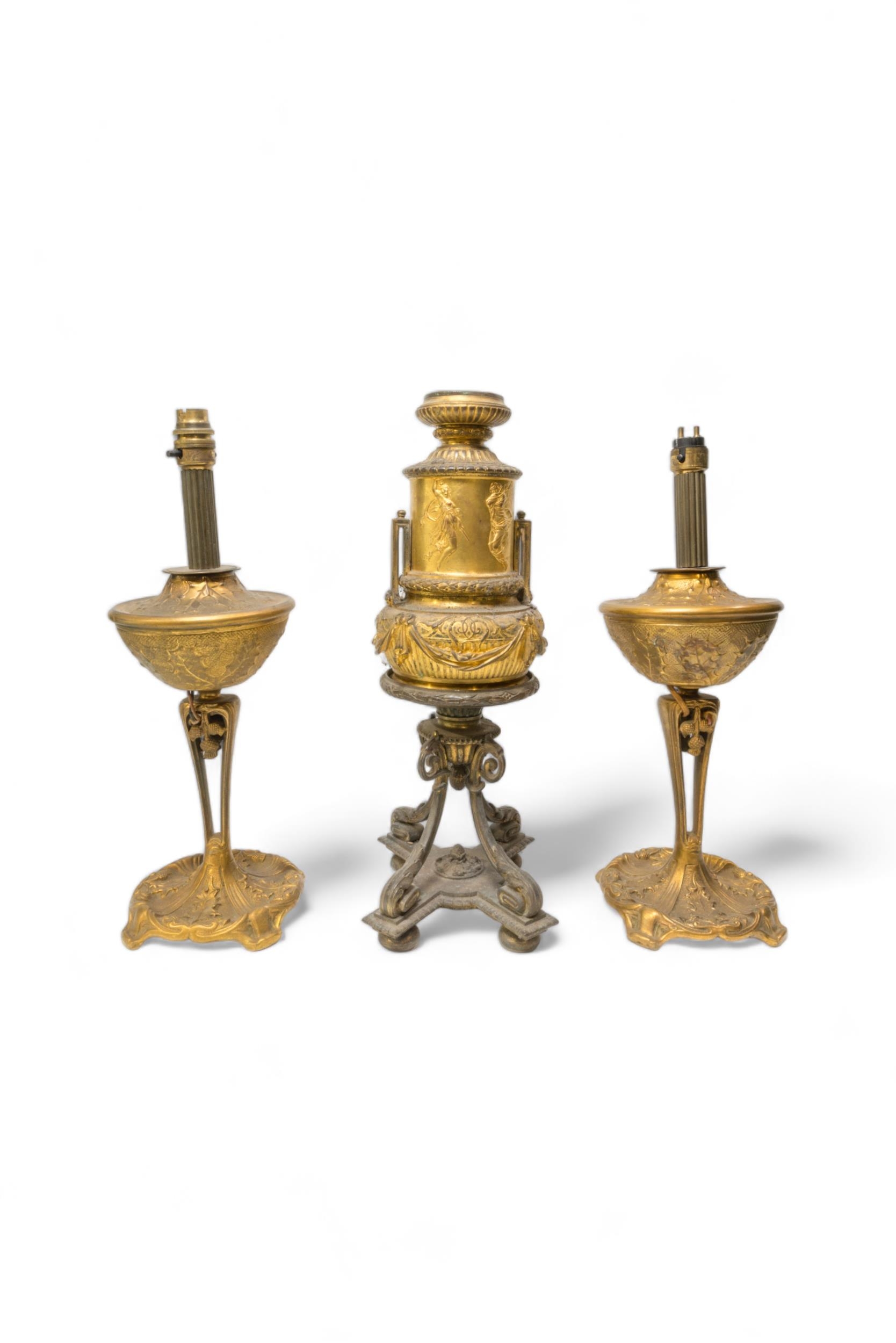 A PAIR OF BRASS OIL LAMP BASES DECORATED WITH HOLLY AND THISTLES, early 20th century and later - Image 3 of 3