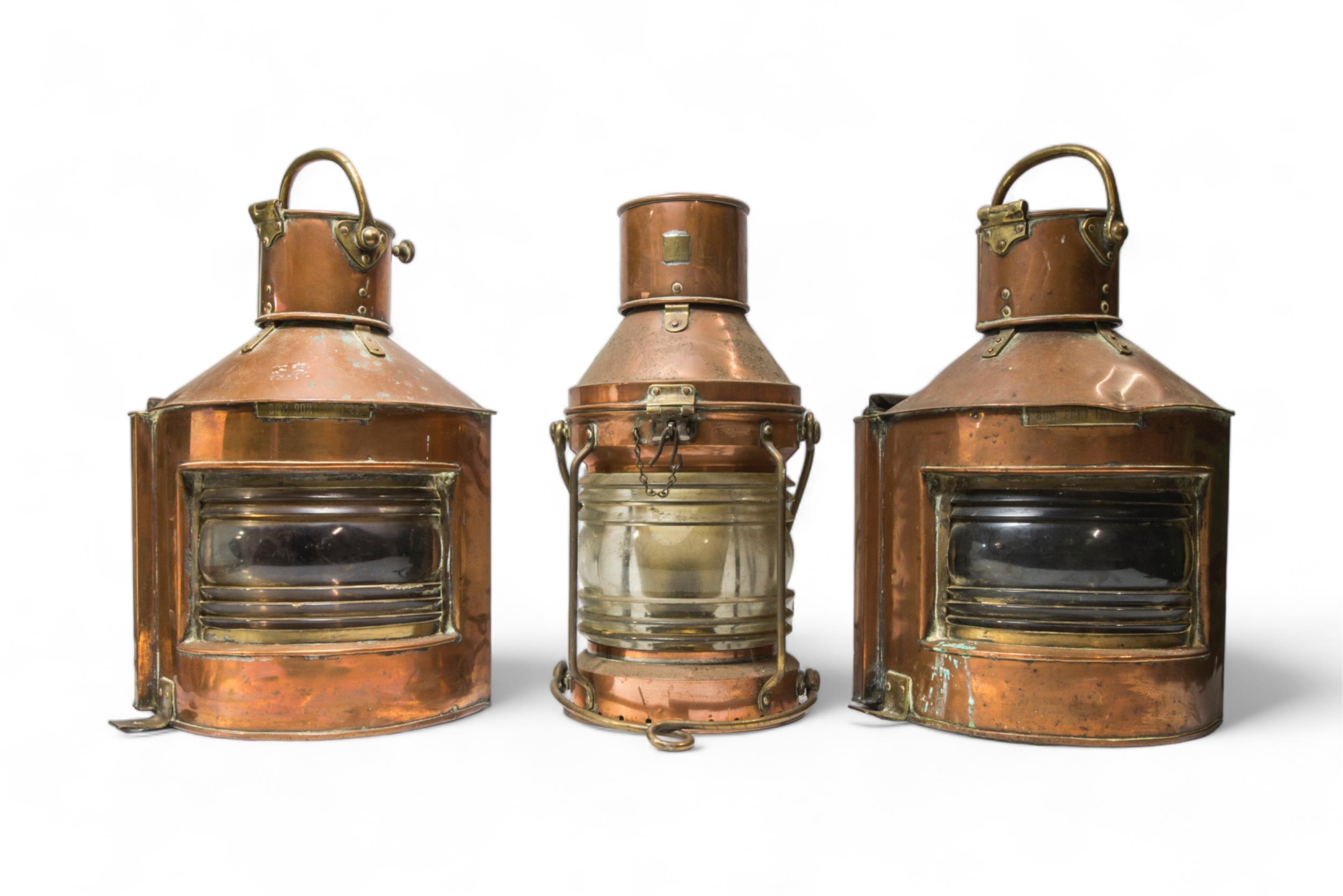 TWO MATCHING COPPER AND BRASS BOAT LANTERNS with plaques for ‘Bow Port Patt 23’ and makers stamped - Image 2 of 3