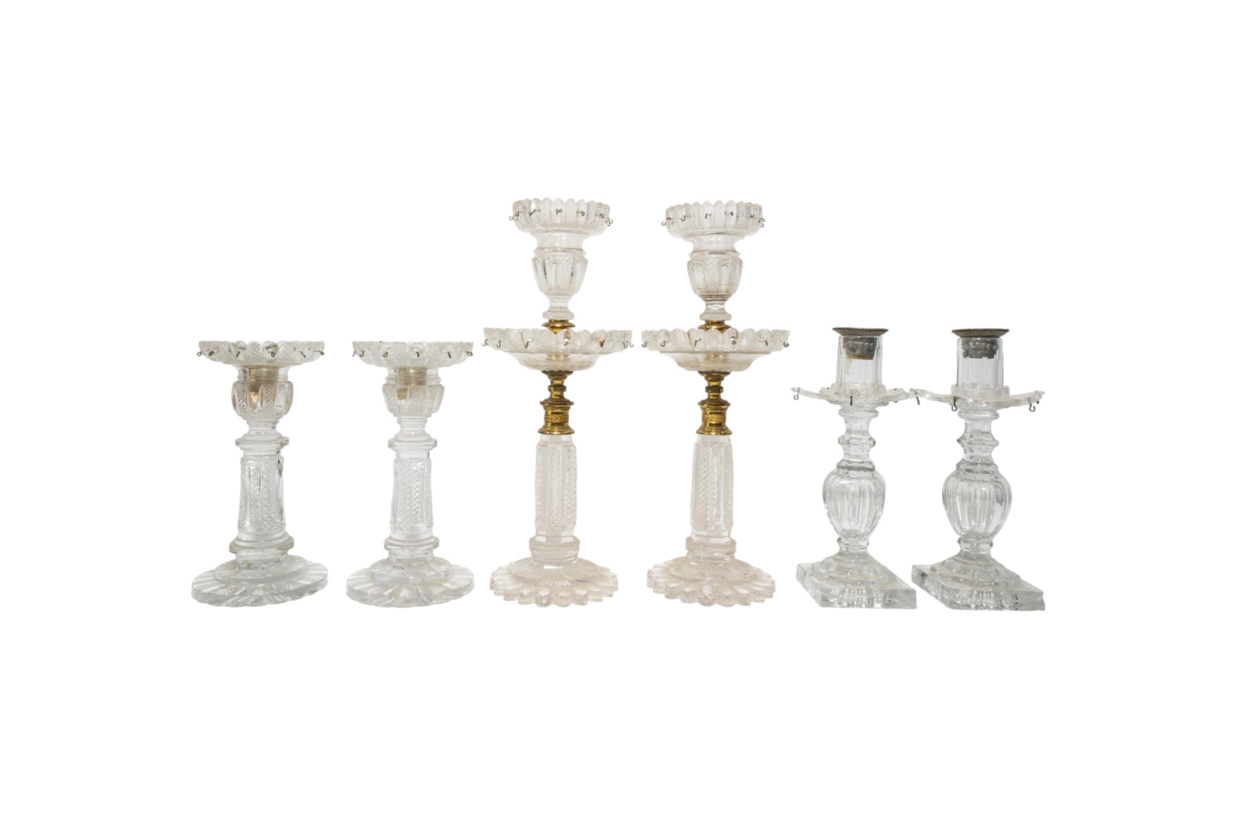 FOUR PAIRS OF 19TH CENTURY CUT GLASS LUSTRES, along with a faceted glass 'perch' stand and another