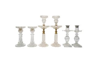 FOUR PAIRS OF 19TH CENTURY CUT GLASS LUSTRES, along with a faceted glass 'perch' stand and another