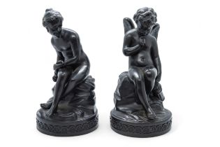 A PAIR OF WEDGWOOD BASALT FIGURES CUPID AND PSYCHE 18th / 19th century, 21cms high.