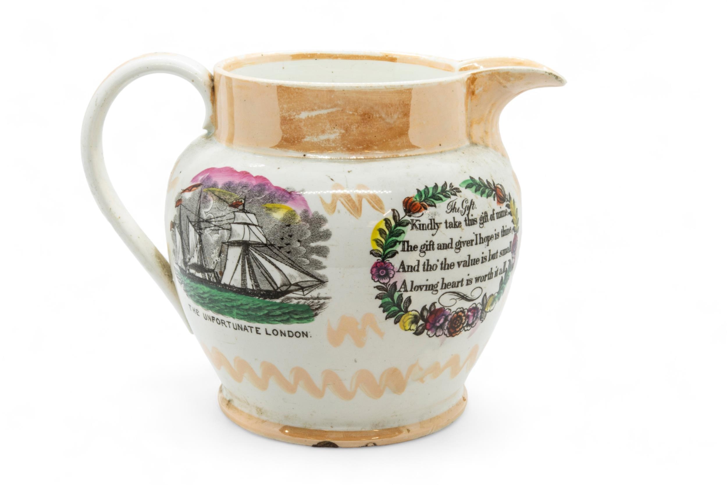 A CREAMWARE SUNDERLAND JUG Circa 1820, probably Scott Bros, together with a later orange lustre - Image 3 of 4