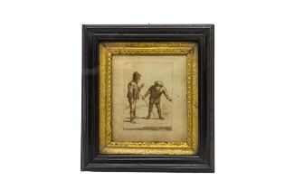A PEN AND INK ILLUSTRATION, PROBABLY 19TH CENTURY, a humourous depiction of two country gents, one