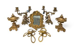 A PAIR OF ROCCOCO STYLE BOCAGE MANTEL PIECE CANDELABRA with porcelain figures (Damaged), a pair of
