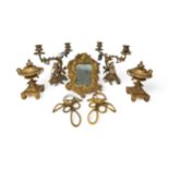 A PAIR OF ROCCOCO STYLE BOCAGE MANTEL PIECE CANDELABRA with porcelain figures (Damaged), a pair of