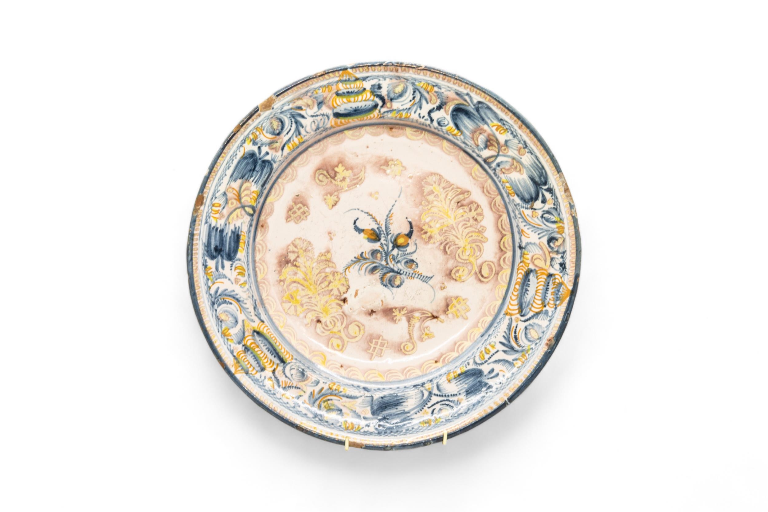 THREE DELFT CHARGERS 18th Century, and a faience charger, 36cms wide - Image 6 of 7