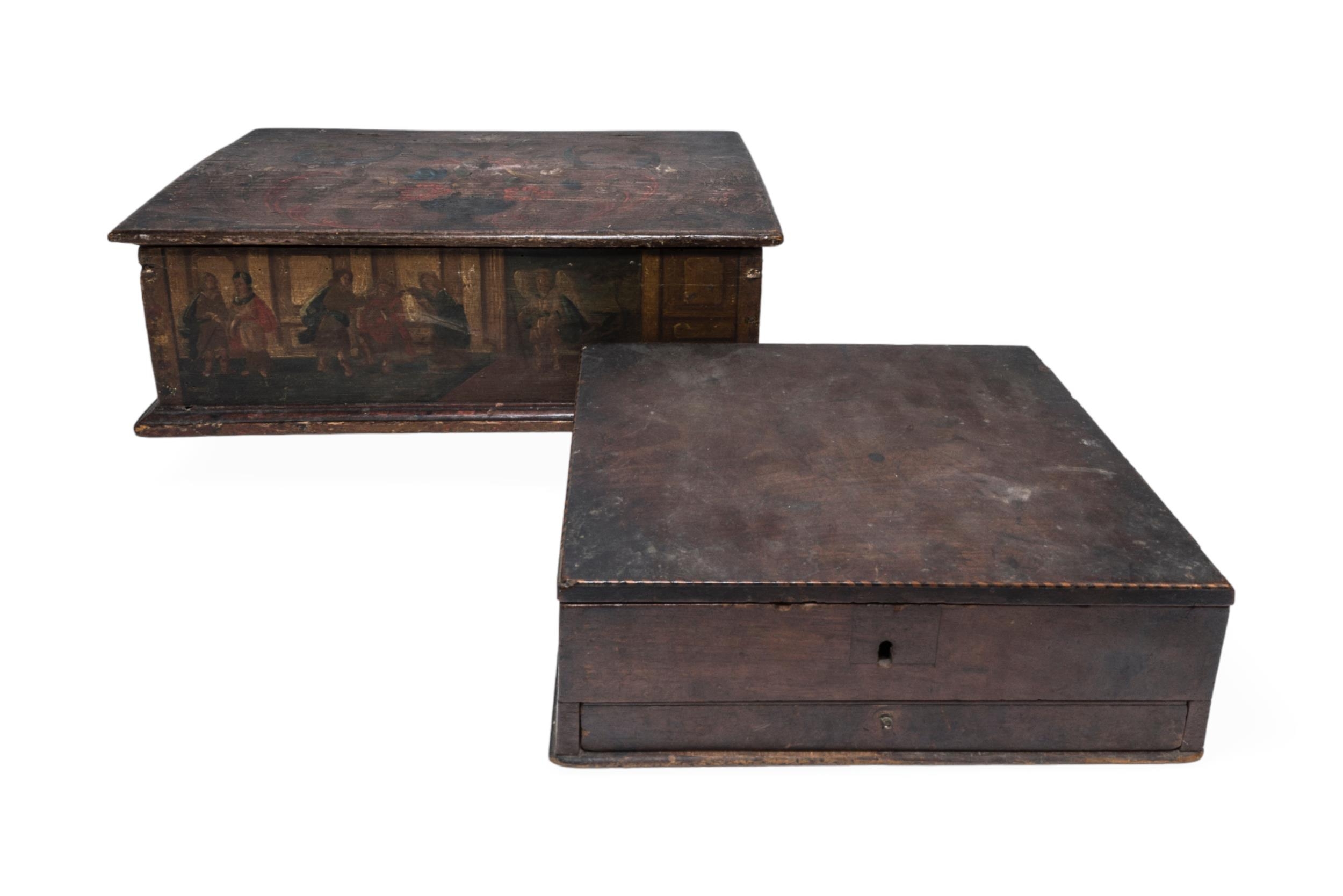 A CONTINENTAL PINE BOX, probably late 18th century, the side panels painted with three biblical