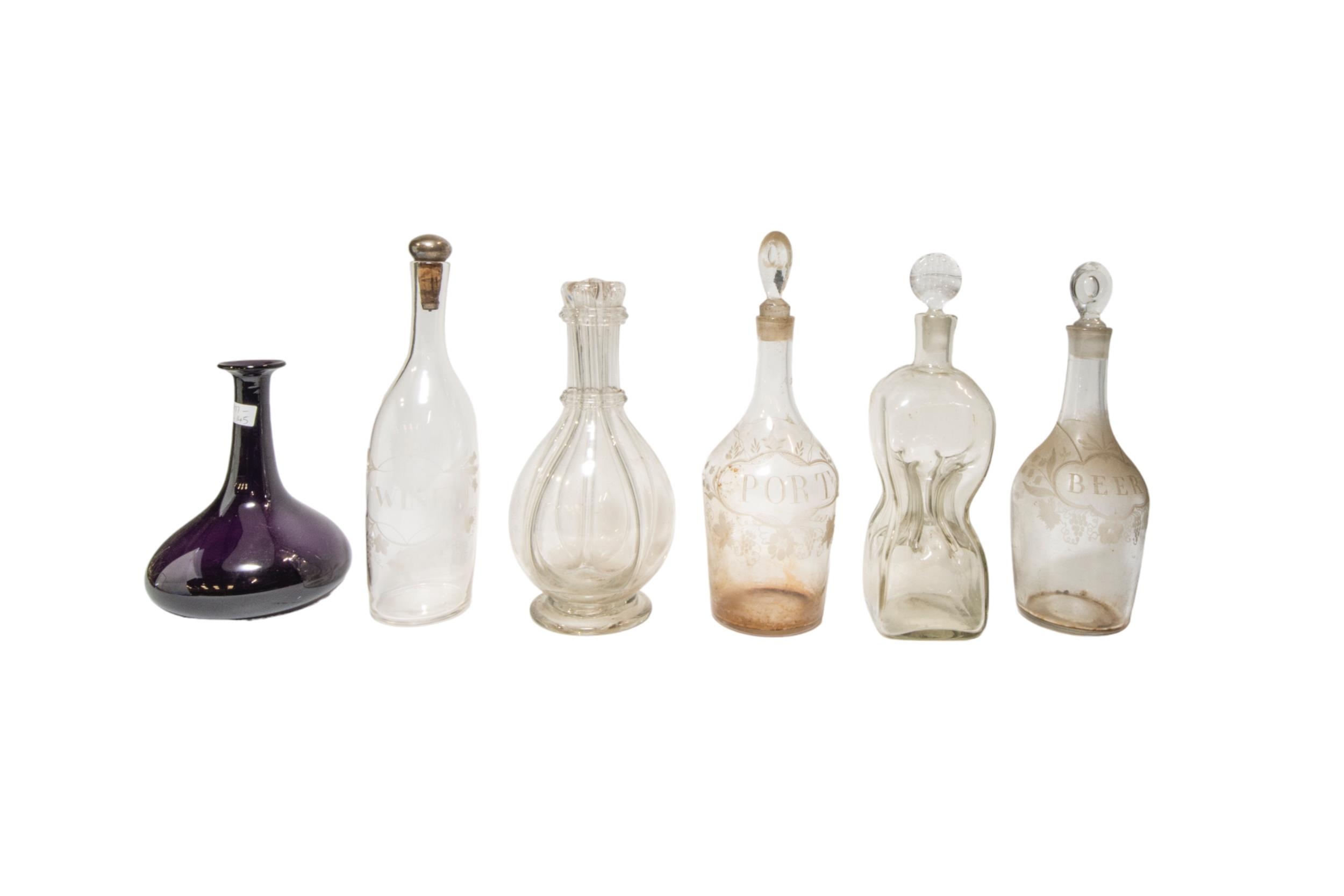 A MIXED GROUP OF ELEVEN VINTAGE GLASS DECANTERS, the lot includes an amethyst glass decanter, two - Image 3 of 3