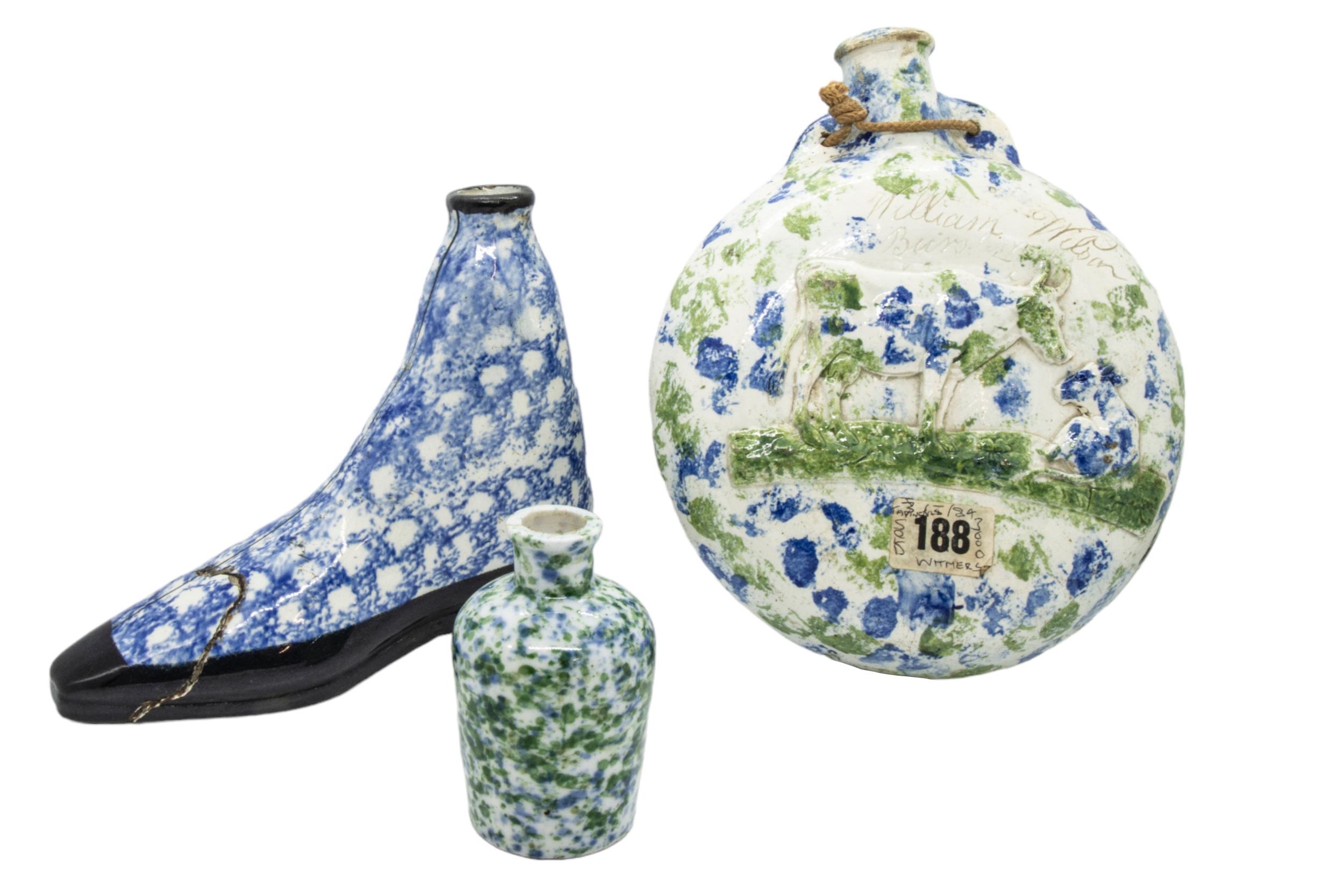 A 19TH CENTURY SPONGEWARE FLASK, SMALL JAR AND SPILL VASE, the circular flask inscribed William