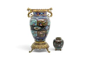 TWO JAPANESE CLOISONNE VASES MEIJI PERIOD (1868-1912) one with associated gilt-metal mounts 9cm &