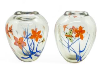 A PAIR OF VINTAGE CONTINENTAL GLASS BALUSTER VASES, with reverse painted decoration depicting