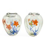 A PAIR OF VINTAGE CONTINENTAL GLASS BALUSTER VASES, with reverse painted decoration depicting