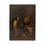 AN OIL PAINTING OF TAVERN SCENE, PROBABLY 18TH CENTURY, canvas mounted on board, depicting a