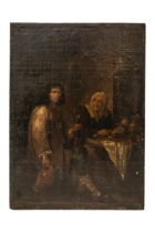 AN OIL PAINTING OF TAVERN SCENE, PROBABLY 18TH CENTURY, canvas mounted on board, depicting a