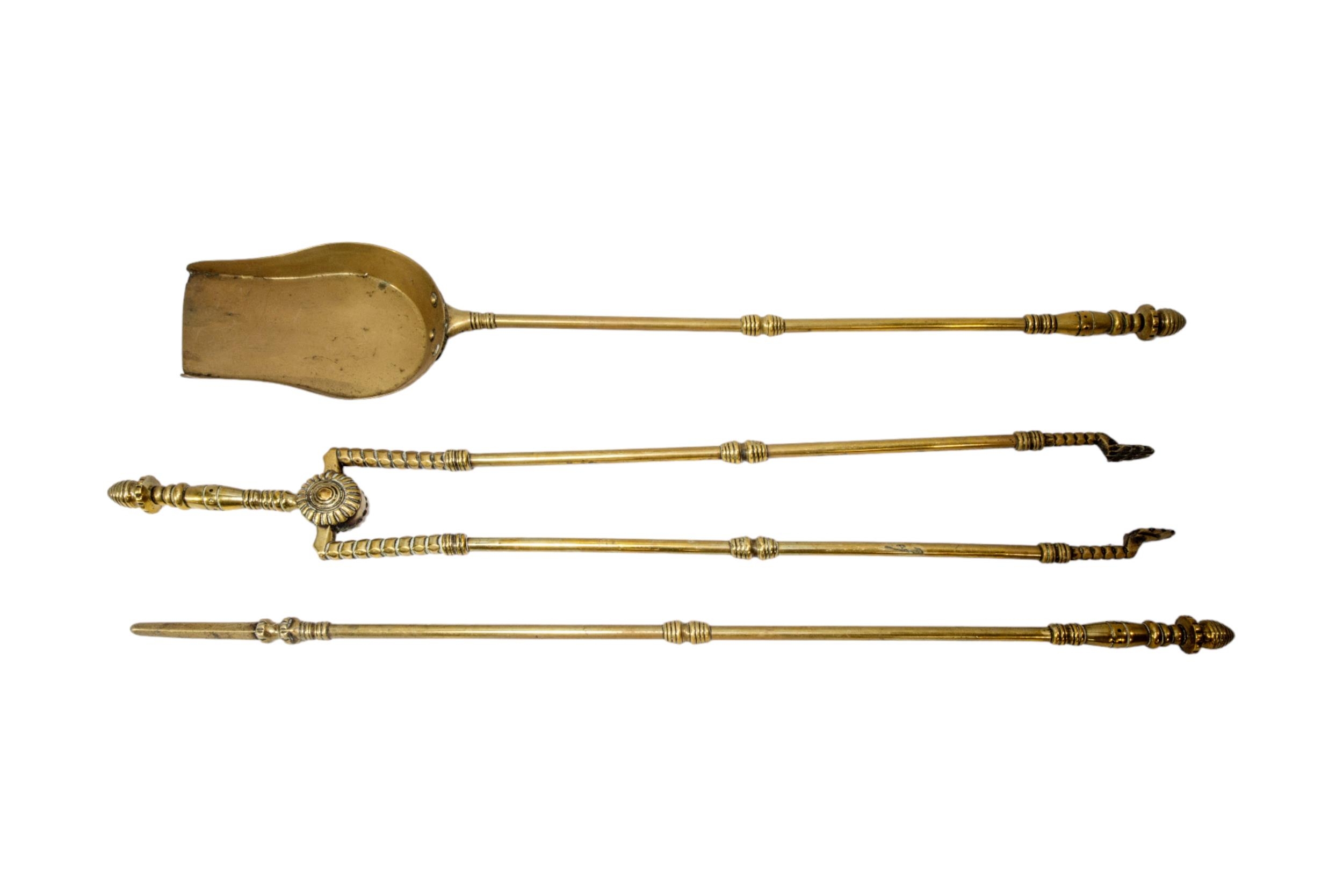 A SET OF 19TH CENTURY BRASS FIRE IRONS, two other sets and two steel sets. - Image 2 of 6