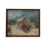 A LARGE WINTER COACHING SCENE WATERCOLOUR/PAPER, depicting a horsedrawn carriage passing through a