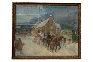 A LARGE WINTER COACHING SCENE WATERCOLOUR/PAPER, depicting a horsedrawn carriage passing through a