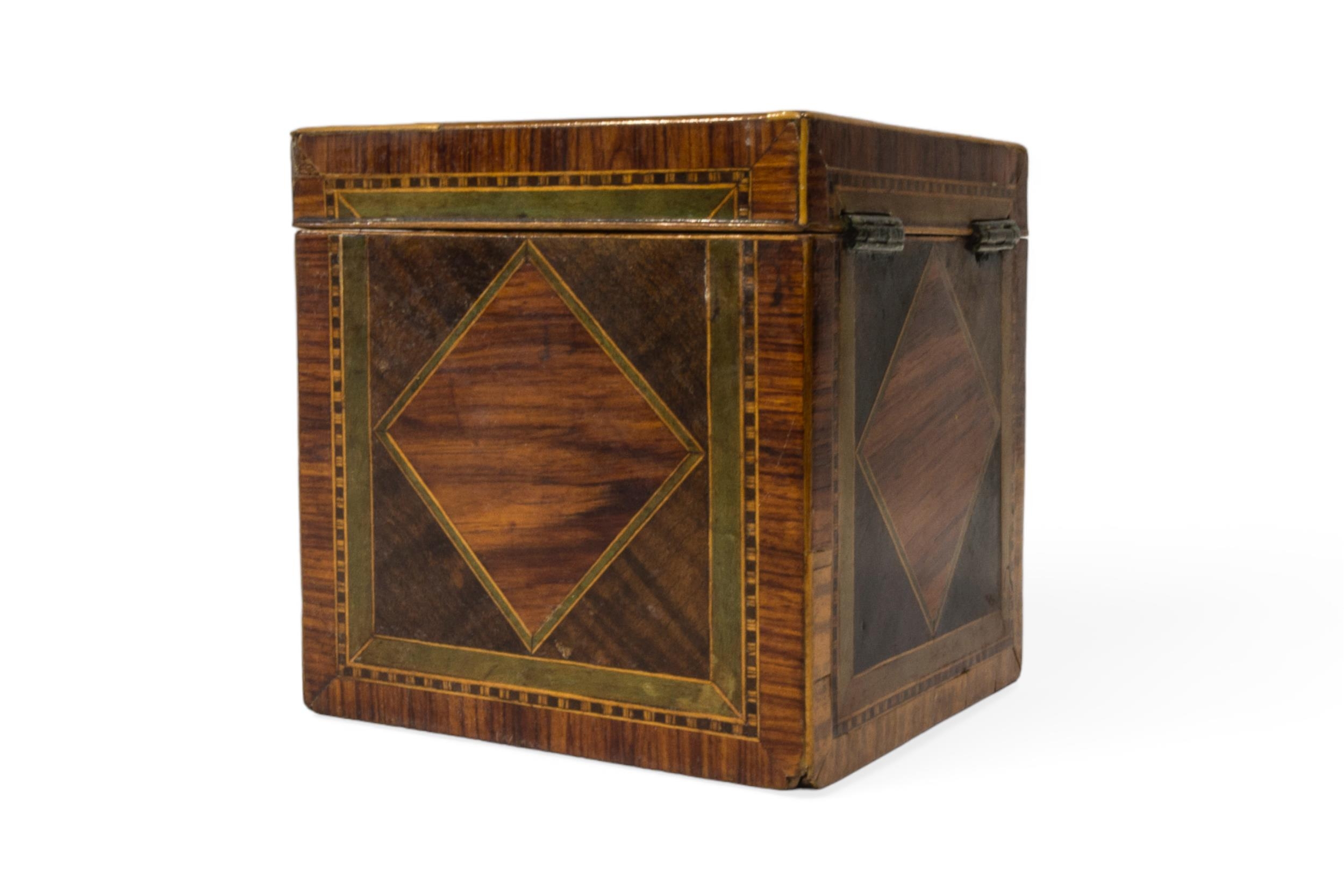 A GEORGE III TEA CADDY OF CUBE FORM, variously inlaid with various woods, each face with a diamond - Image 4 of 4