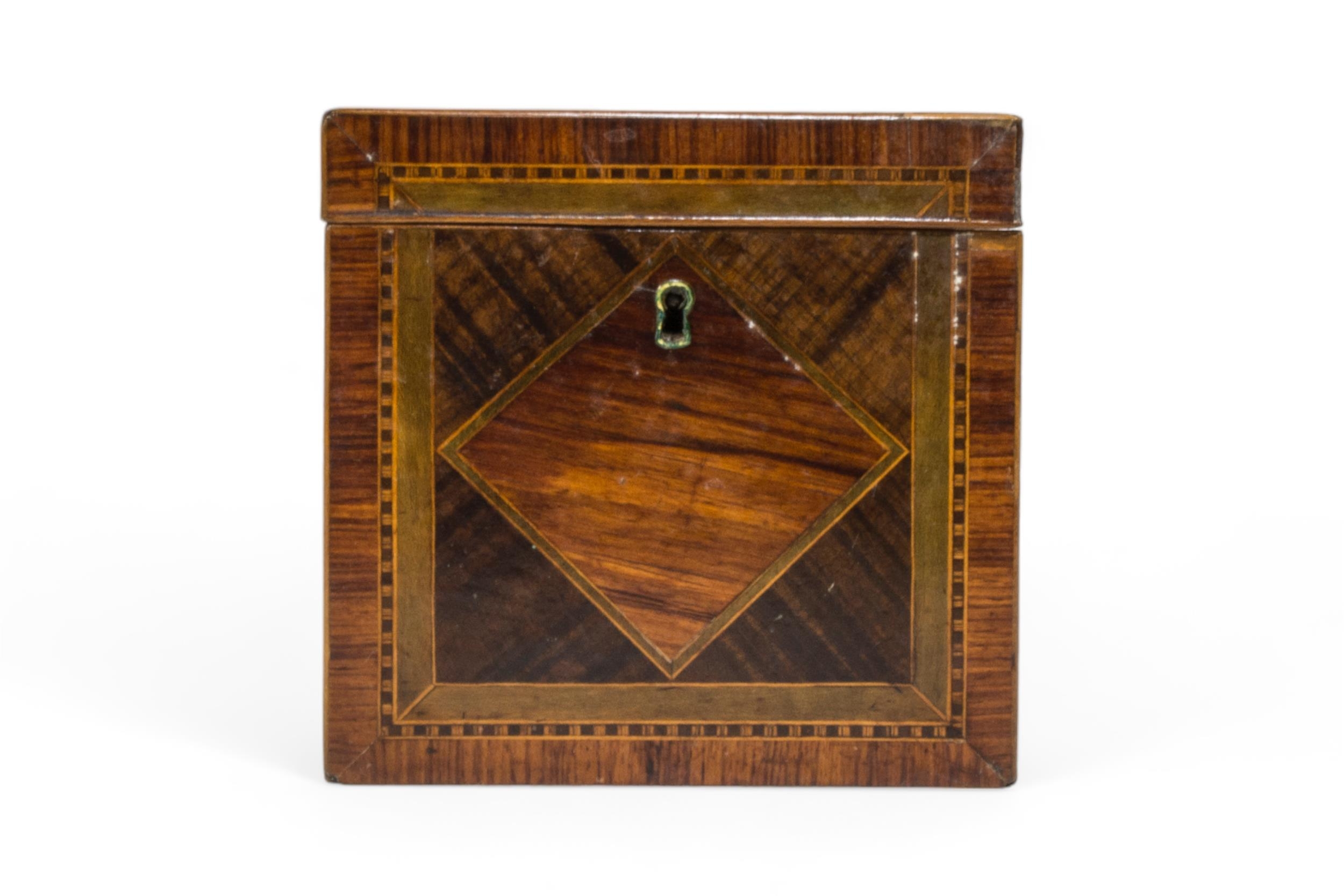 A GEORGE III TEA CADDY OF CUBE FORM, variously inlaid with various woods, each face with a diamond - Image 2 of 4