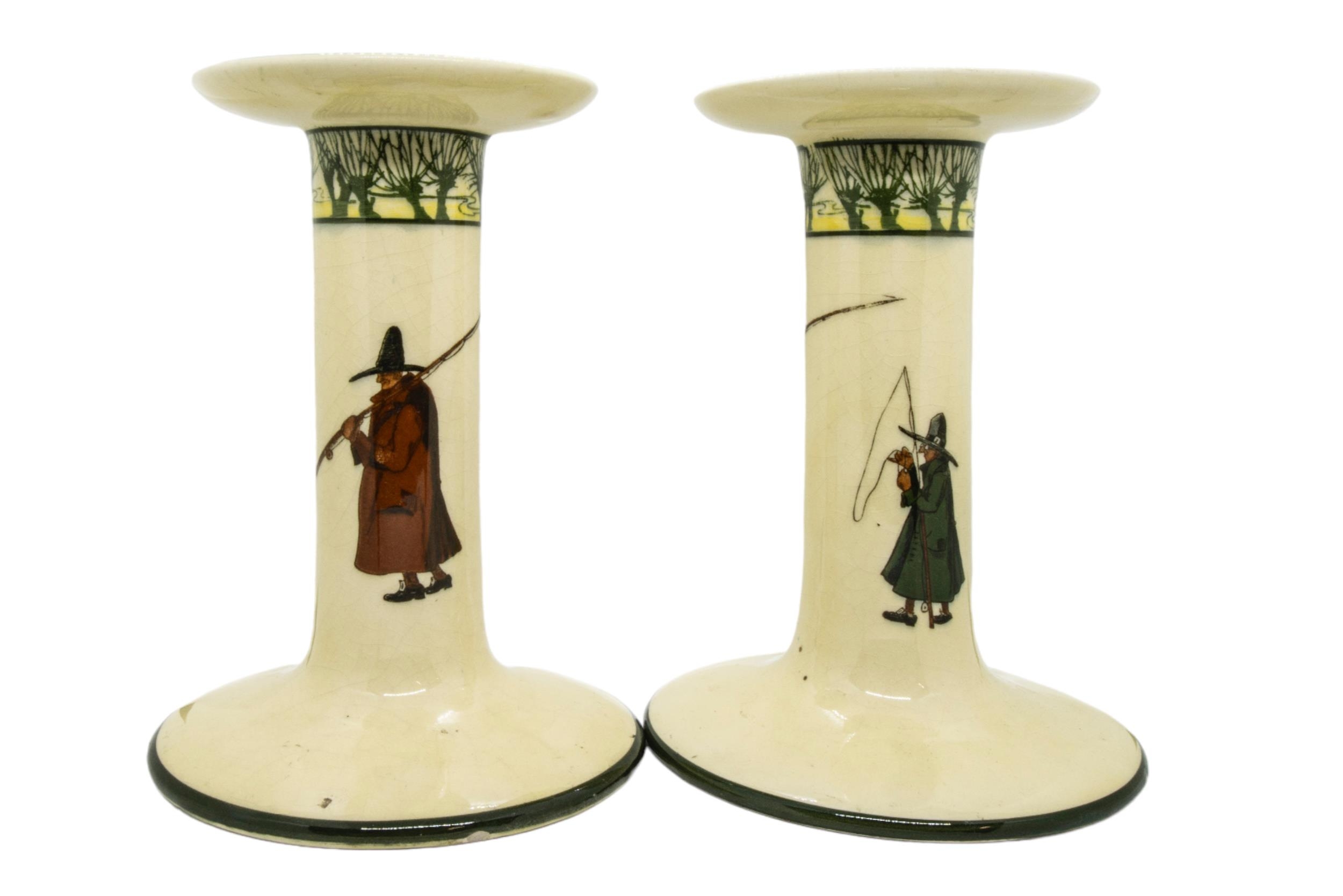 A PAIR OF LARGE ROYAL DOULTON CANDLESTICKS AND ADMIRAL BEATTY JUG, the sides of the cream coloured - Image 4 of 4