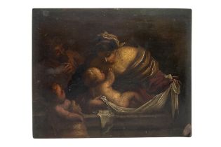 ITALIAN SCHOOL (18TH/19TH CENTURY) OIL PAINTING ON COPPER PANEL, depicting mother swaddling