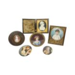 A CASED MINIATURE AND OTHERS 19th century female bust portrait, a tortoise shell box with wax bust