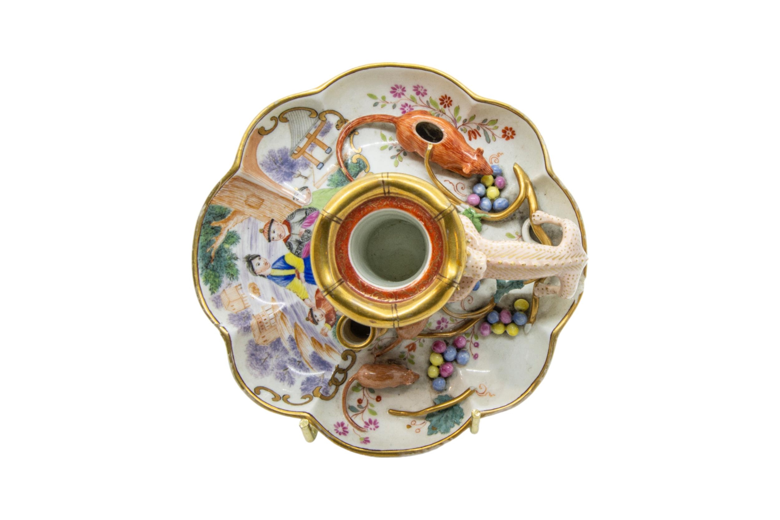 A MEISSEN CHAMBERSTICK AND MEISSEN CUP AND SAUCER, 18TH/19TH CENTURY, the lobed chamberstick painted - Image 7 of 7