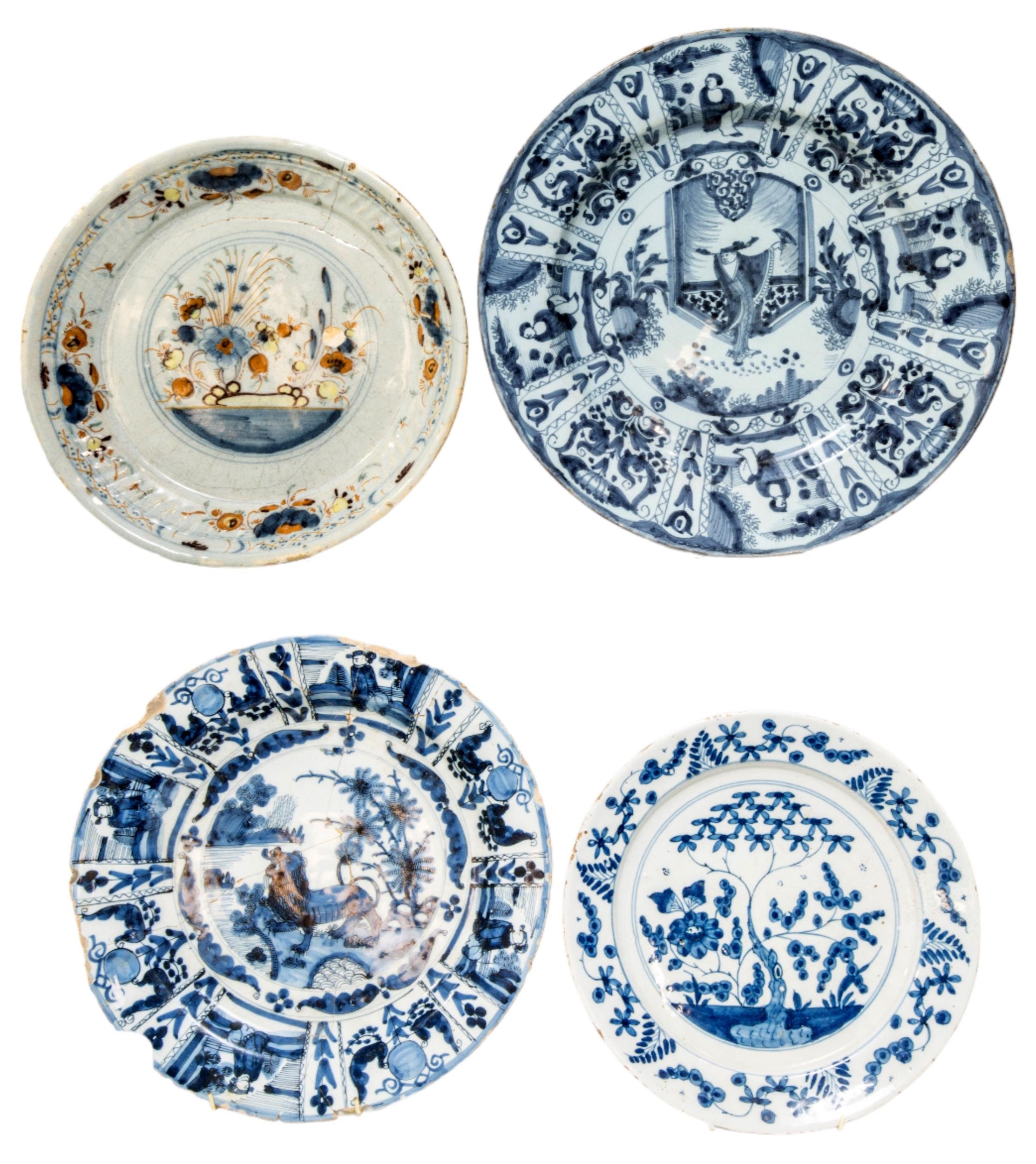 A MIXED GROUP OF FOUR DUTCH DELFT DISHES, 17TH/18TH CENTURY, the lot includes a polychrome dish