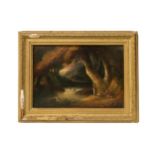 ENGLISH SCHOOL (19TH CENTURY) OIL PAINTING OF BUCOLIC FISHING SCENE, on a chamfered panel, depicting