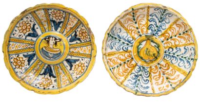 TWO ITALIAN FAIENCE DISHES, POSSIBLY 17TH CENTURY, one lobed form dish with a portrait painted