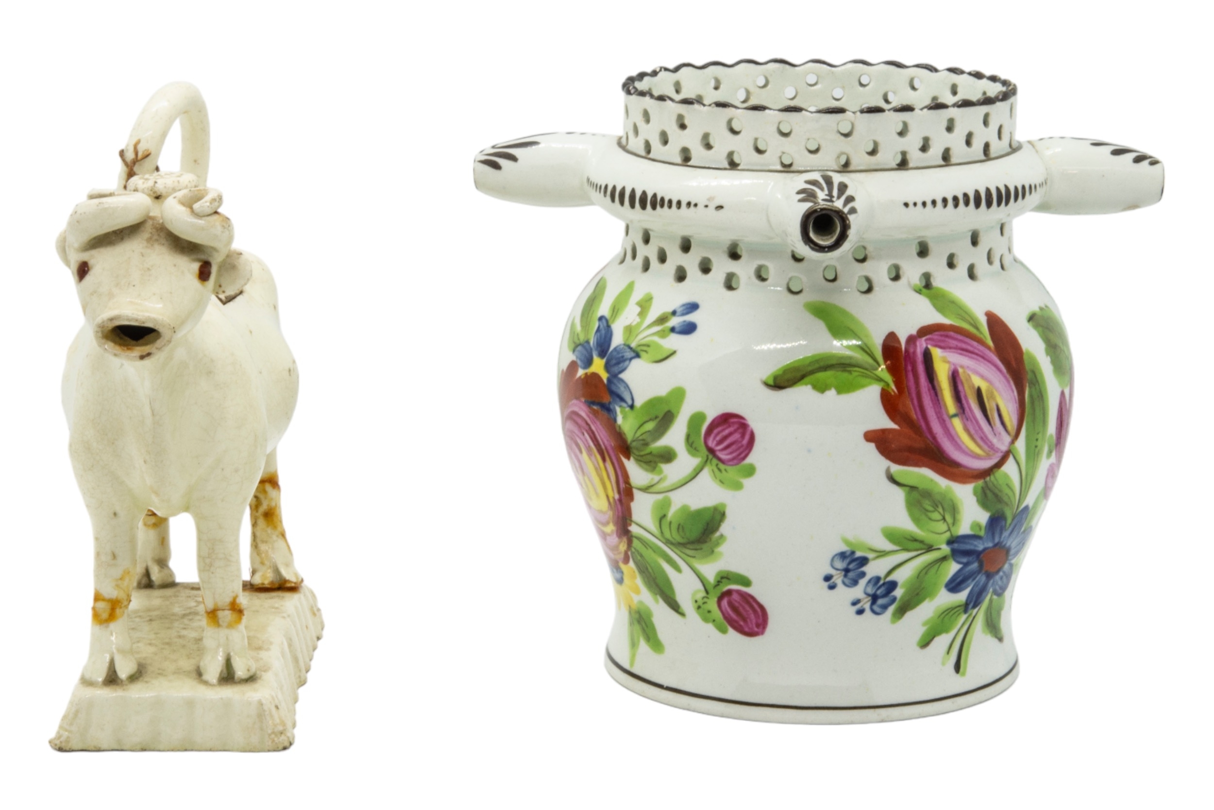 A WILLIAM FIFEILD BRISTOL PUZZLE JUG Circa 1830, together with creamware cow creamer, 12cms high - Image 2 of 4