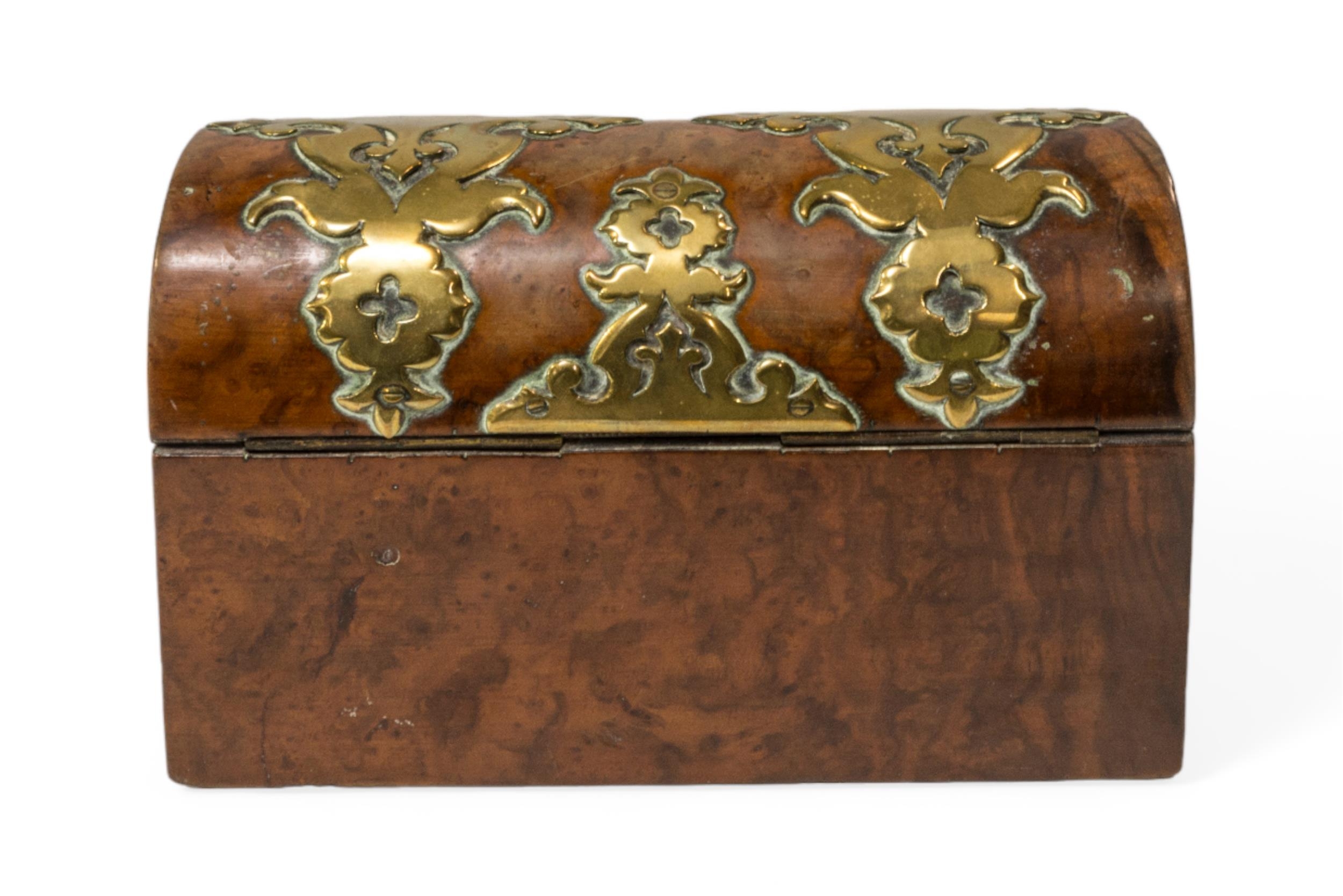 A 19TH CENTURY DOMED TOP WALNUT SCENT BOTTLE BOX, decorated with pierced brass mounts and containing - Image 3 of 3