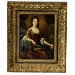 AN 18TH CENTURY PORTRAIT OIL PAINTING ON CANVAS, mounted on panel, depicting a seated noblewoman