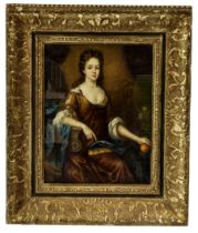 AN 18TH CENTURY PORTRAIT OIL PAINTING ON CANVAS, mounted on panel, depicting a seated noblewoman