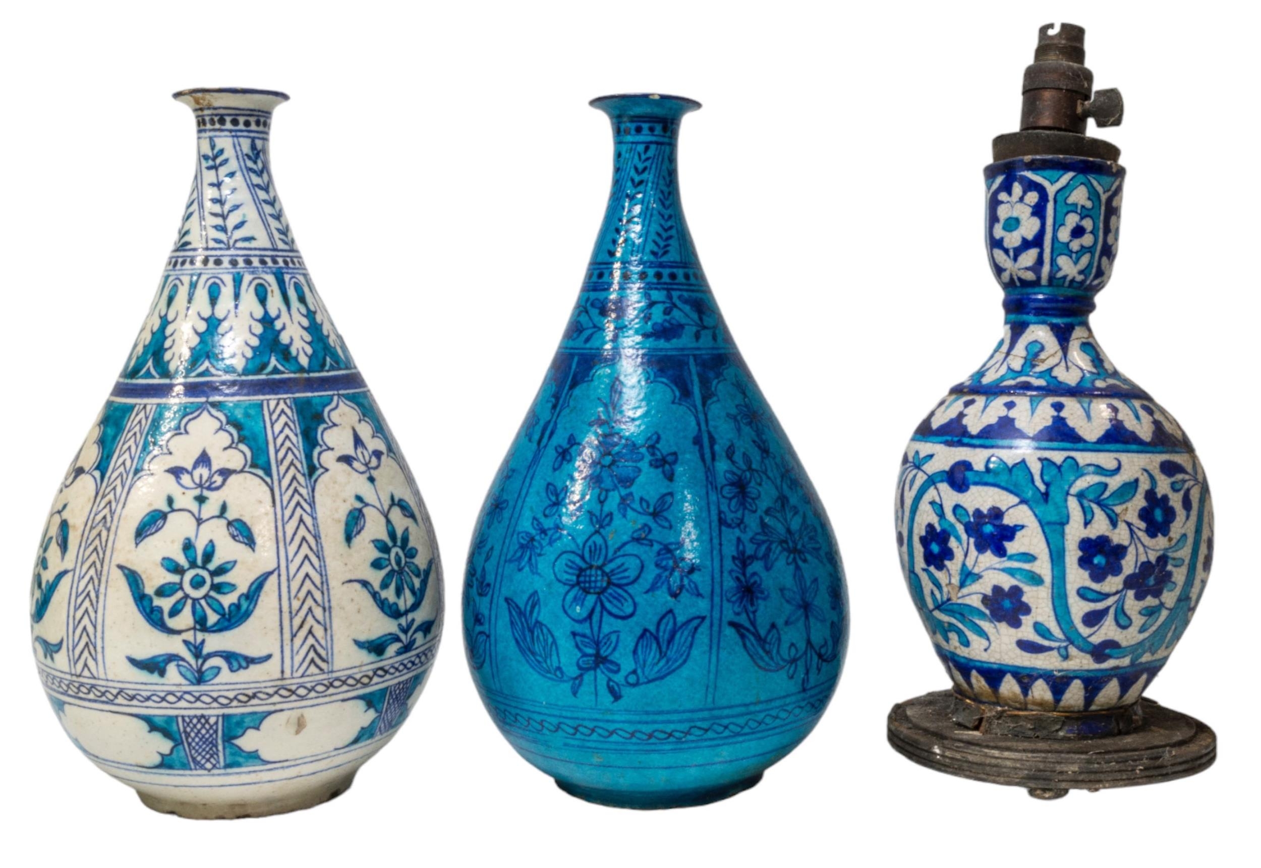 THREE ISNIK STYLE BOTTLE VASES, PERSIAN/NEAR EASTERN, 19TH CENTURY, two of large drop form, the