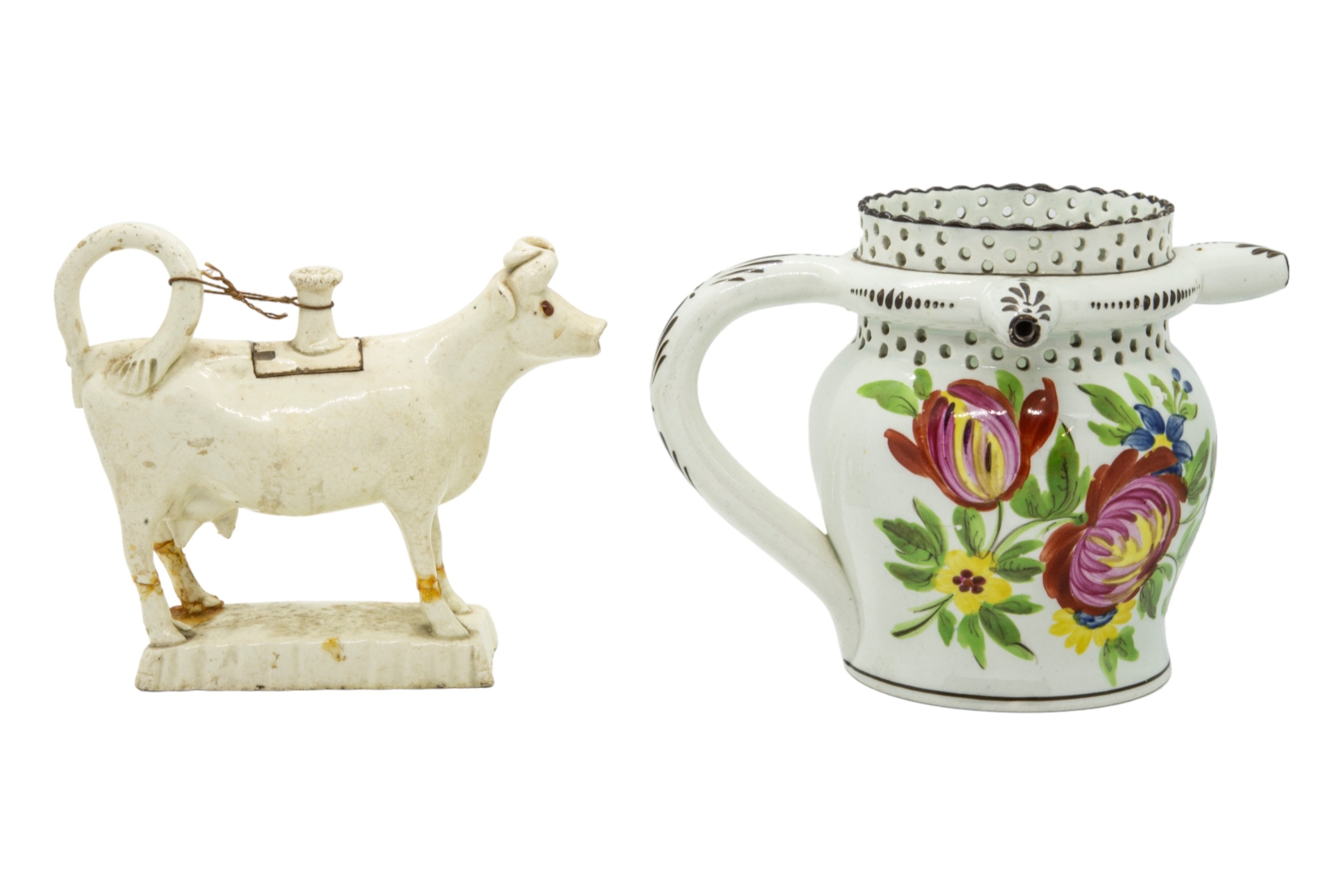 A WILLIAM FIFEILD BRISTOL PUZZLE JUG Circa 1830, together with creamware cow creamer, 12cms high - Image 3 of 4