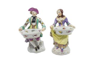 A PAIR OF MEISSEN MARCOLINI FIGURAL SALTS Late 18th century, 19cms high