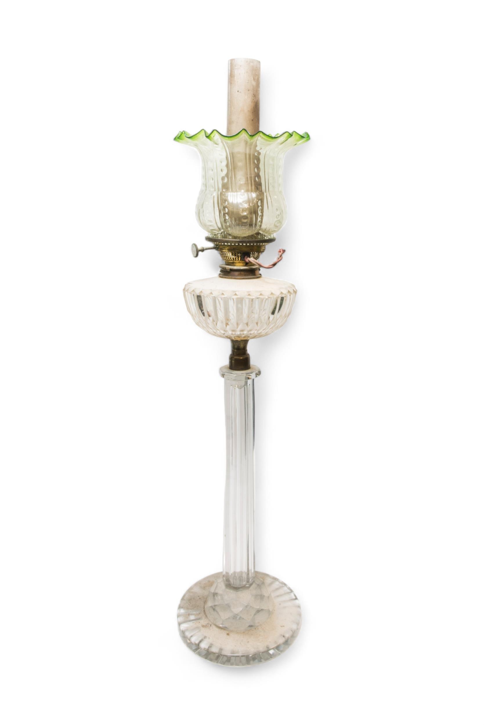 A VICTORIAN OIL LAMP with hexagonal glass column and circular base with cut glass reservoir and - Image 2 of 2