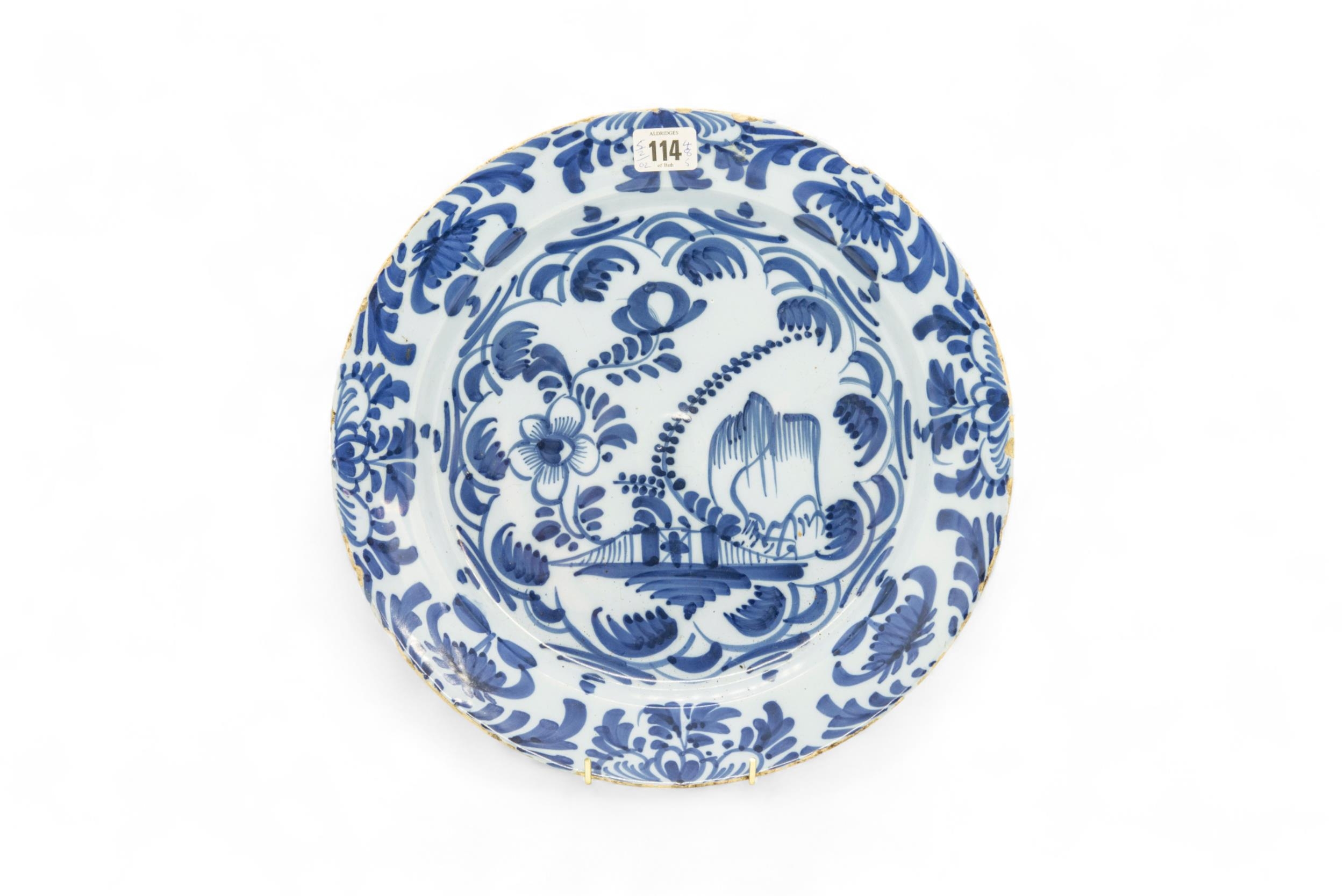 THREE DELFT CHARGERS 18th Century, and a faience charger, 36cms wide - Image 2 of 7