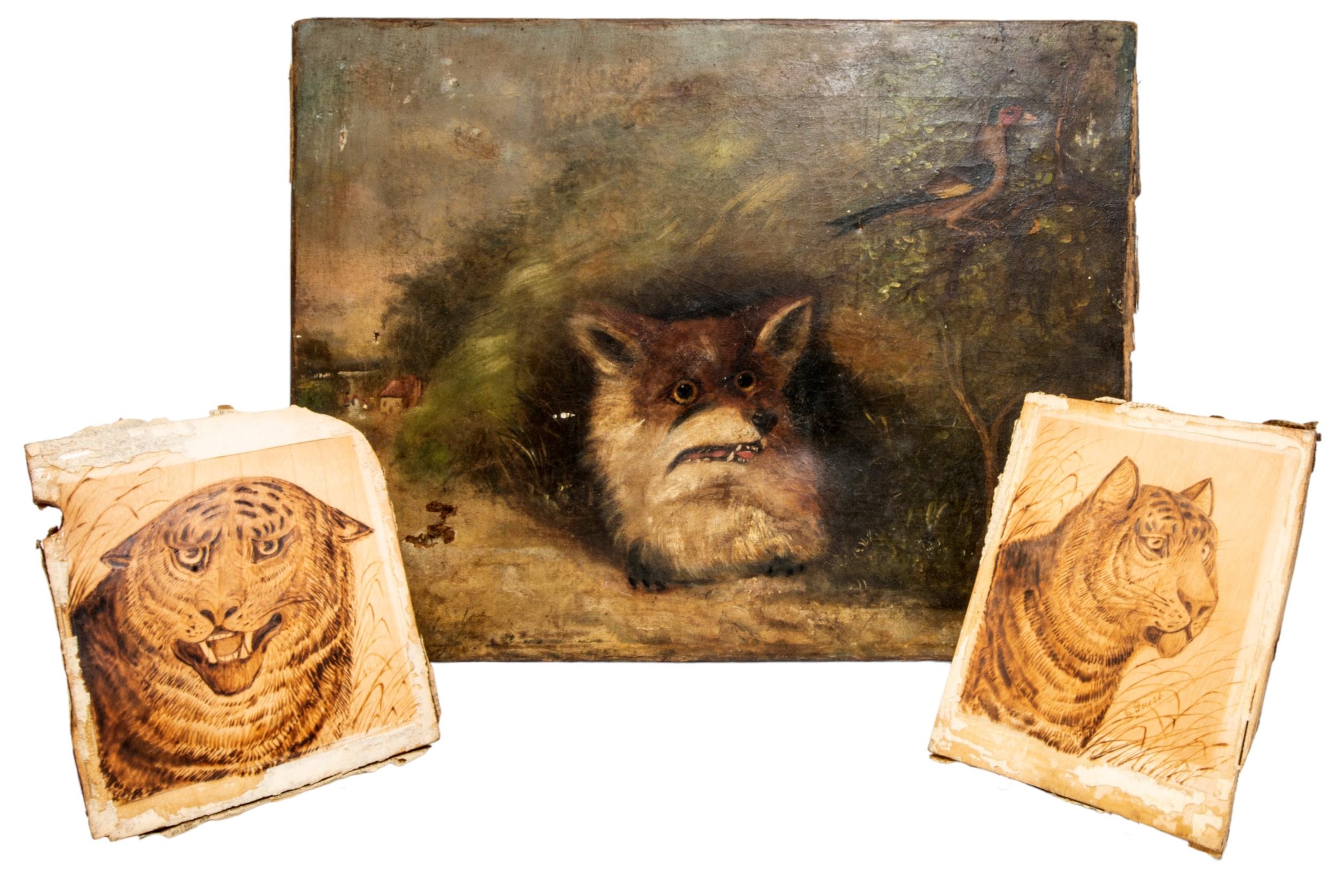 A PAIR OF NAIVE POKERWORK PANELS, both depicting a tiger in long grass, signed and inscribed 'Edward