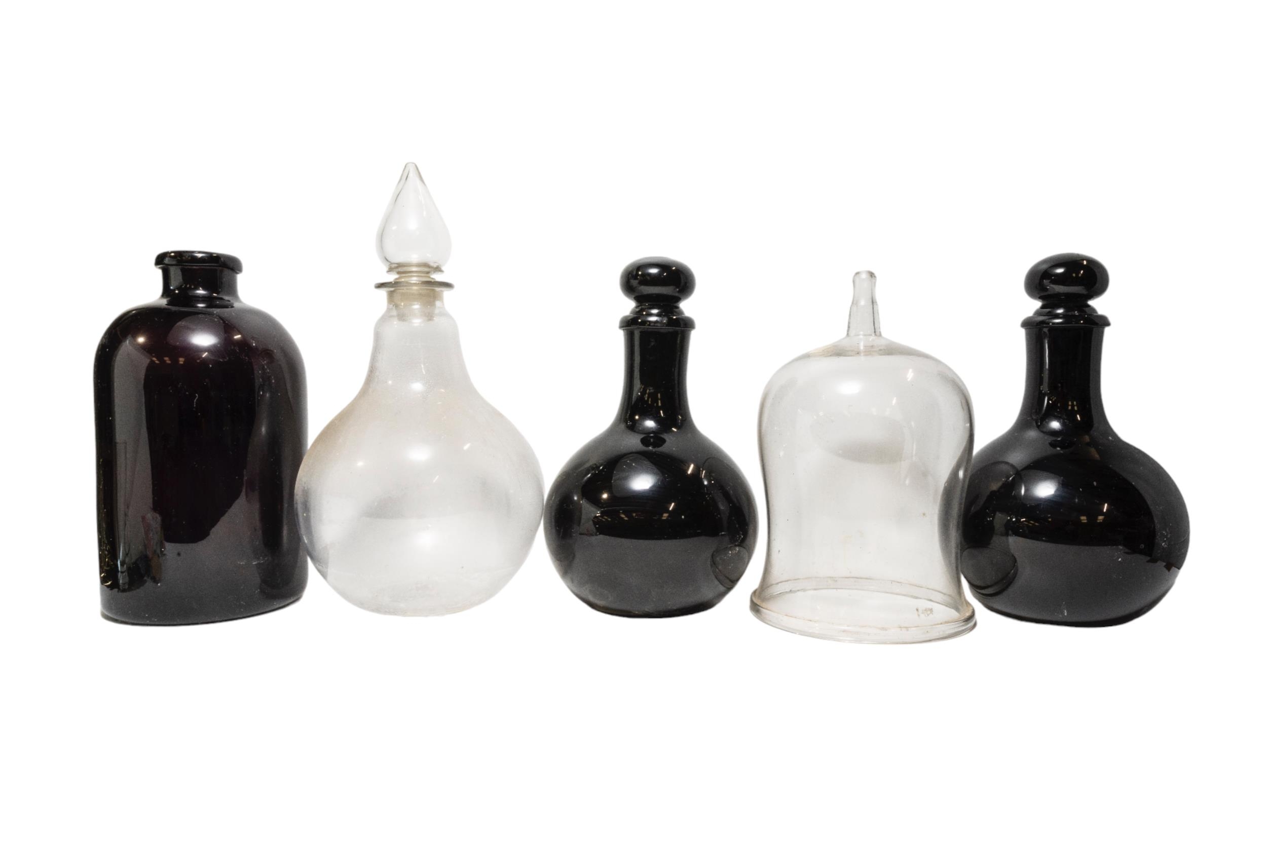 A VINTAGE PEAR SHAPED GLASS APOTHECARY JAR AND BELL JAR, along with a pair of amethyst glass