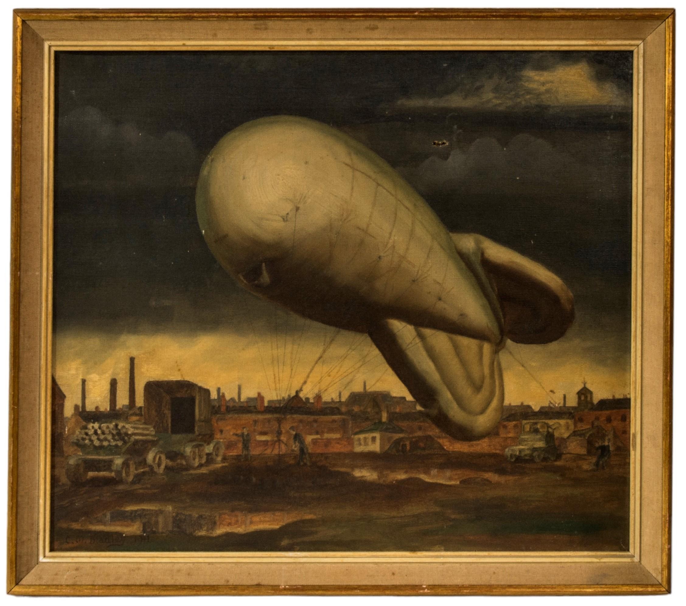 A MID 20TH CENTURY OIL PAINTING ON CANVAS, depicting figures preparing a barrage balloon, in an